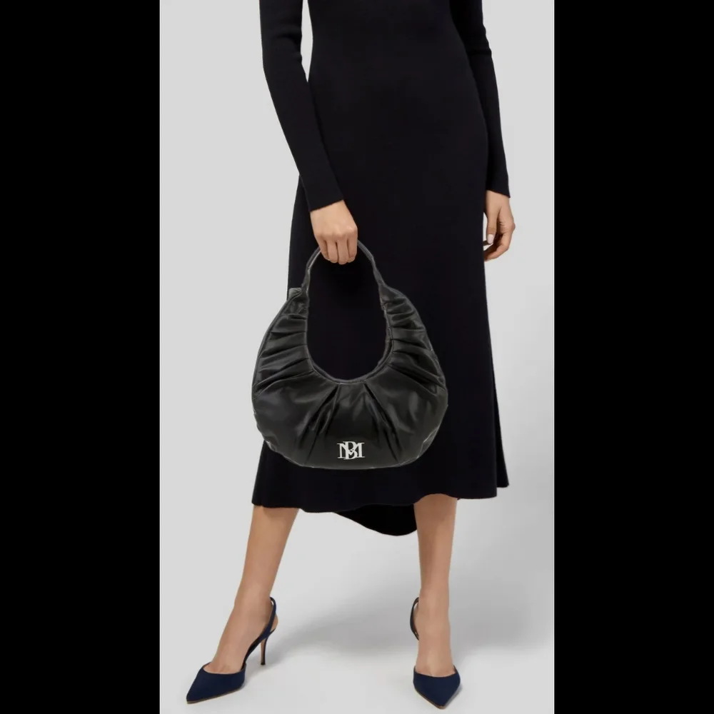 Badgley Mischka Black Ruched Hobo with Silver Logo Accent